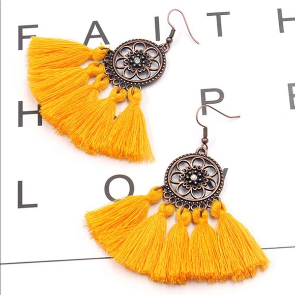 Flower Yellow Tassel Dangle Earrings - Picture 2 of 3
